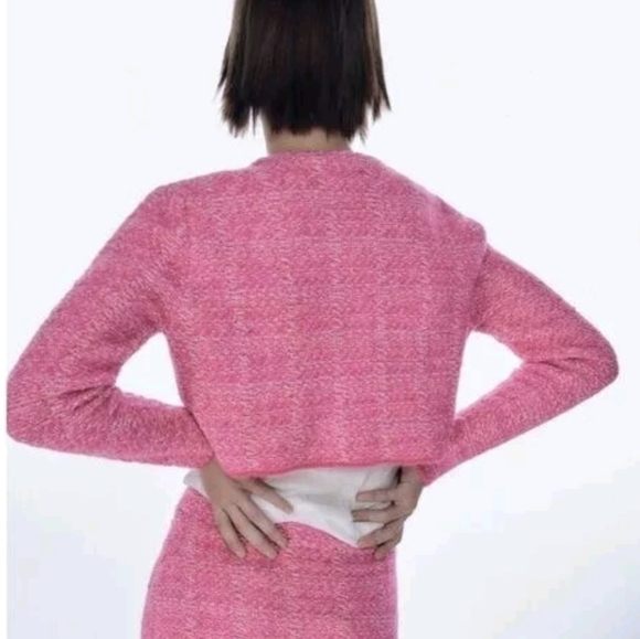 ZARA, New, Pink Tweed Texutred Weave Knit Cropped Blogger Fav Cardigan SZ XL - Picture 3 of 15